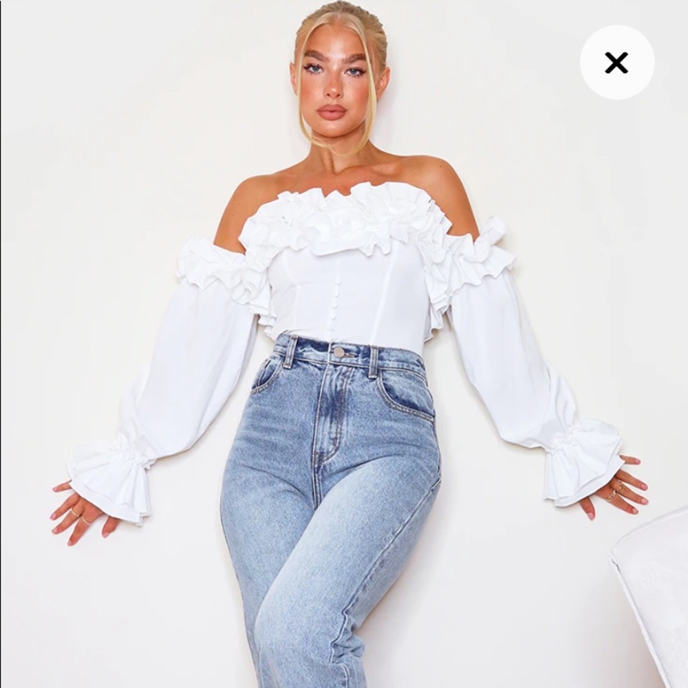 White Ruffle Hem Off Shoulder Long Sleeve Top